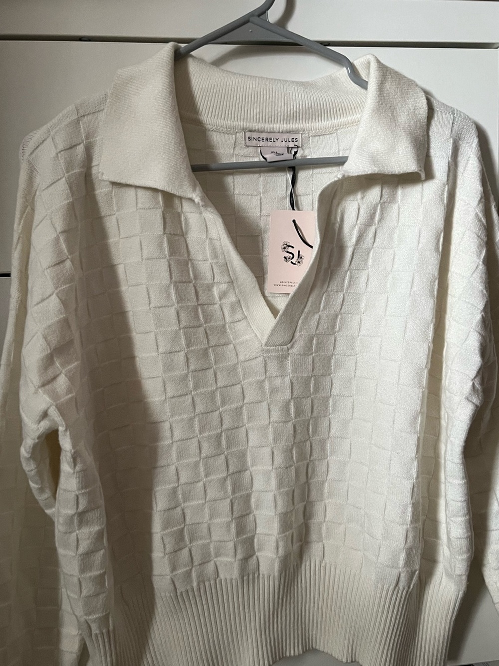 Sincerly Jules Cream V-Neck Collared Checkered Knit Sweater